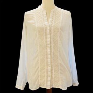Eddie Bauer Semi Sheer V Neck Top Sz M Lace LS Cottagecore Fairy Vanilla Girl